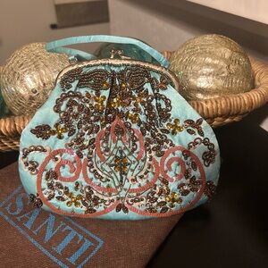 Vintage SANTI Satin Beaded clutch / Mini  Evening Bag Blue / Brown